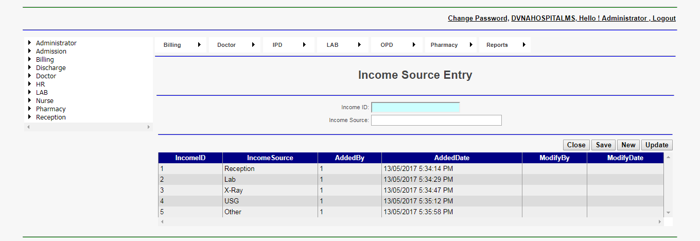DVNA Hospital Management Software Income Source Entry